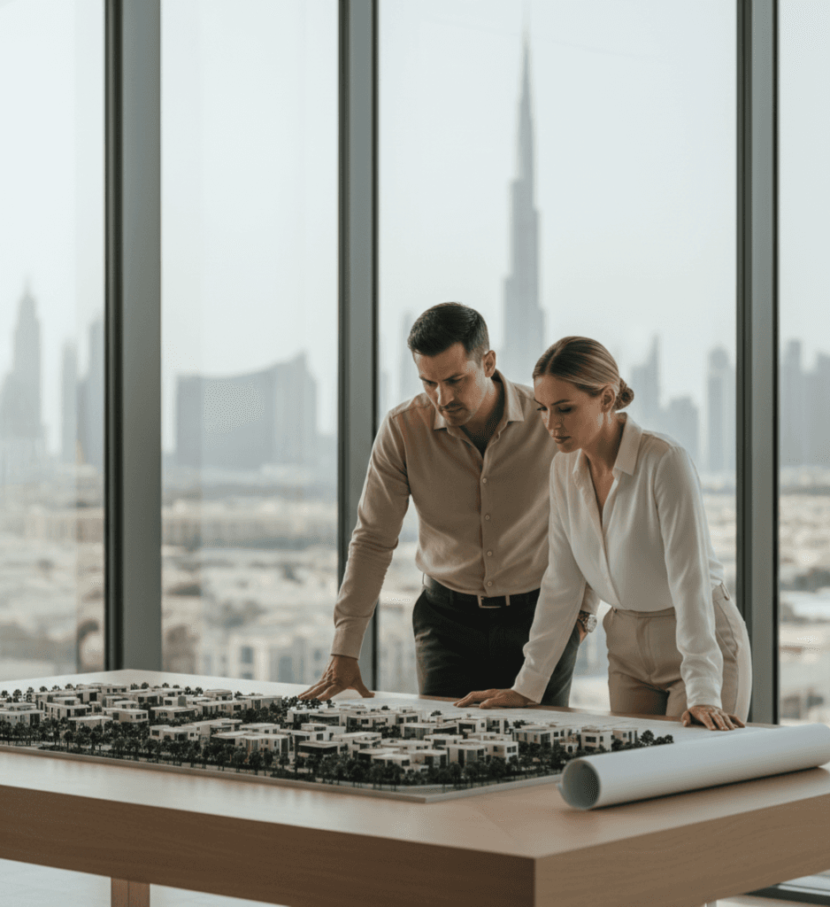 Buyer reviewing off-plan model