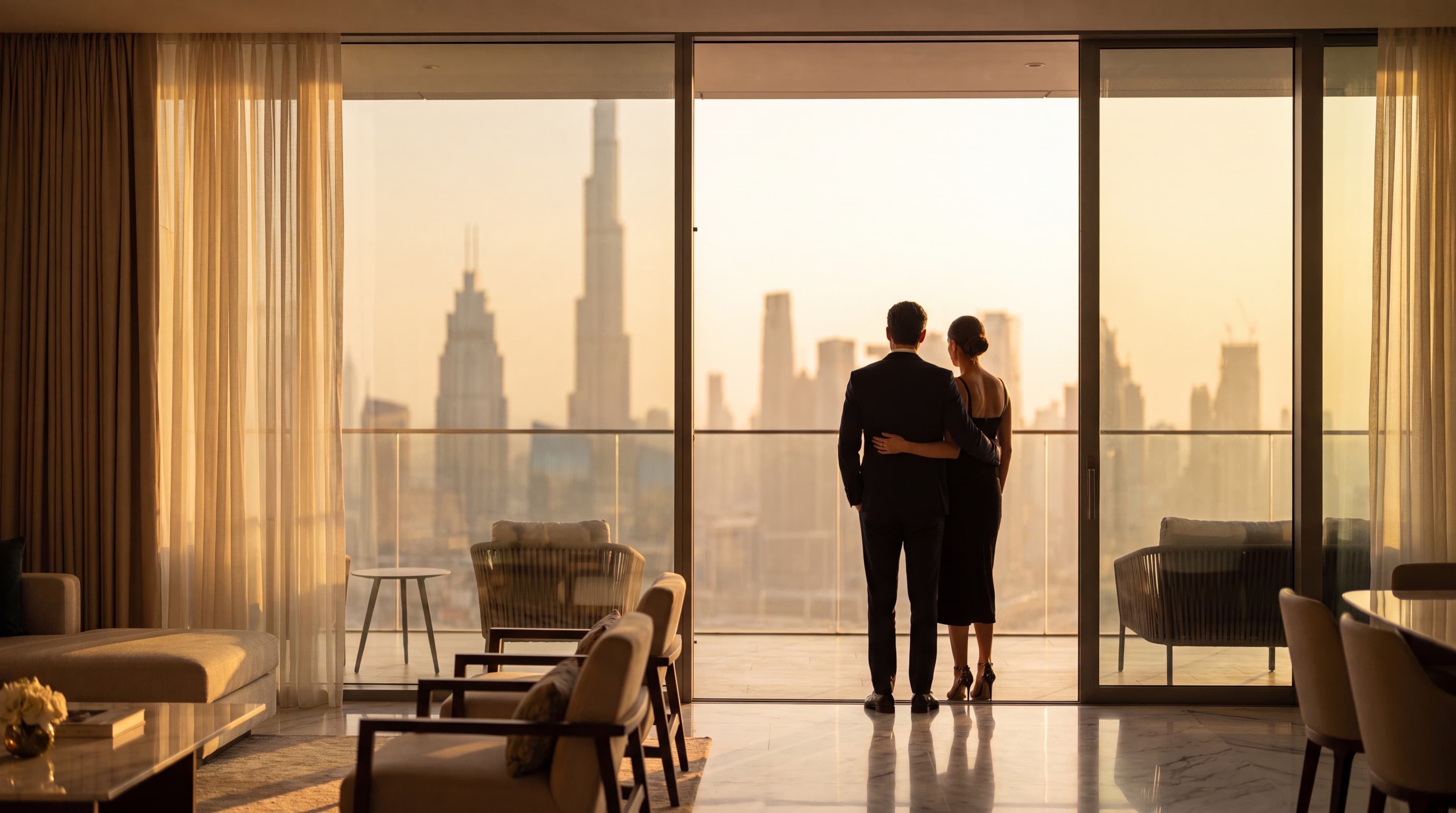 An elegant couple in a Dubai penthouse looking out over the city skyline at golden hour